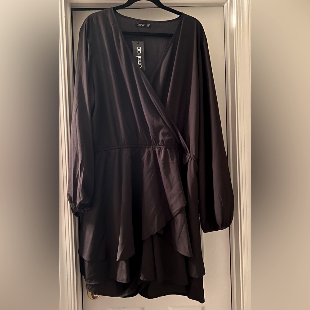 Plus wrap front frill long sleeve play suit black 24